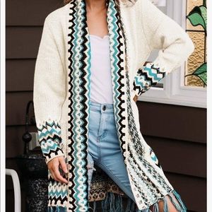 NEW WOMENS SEVENTH AVENUE NAVY BLUE AND IVORY AZTEC FRINGE SWEATER PLUS SIZE 2X
